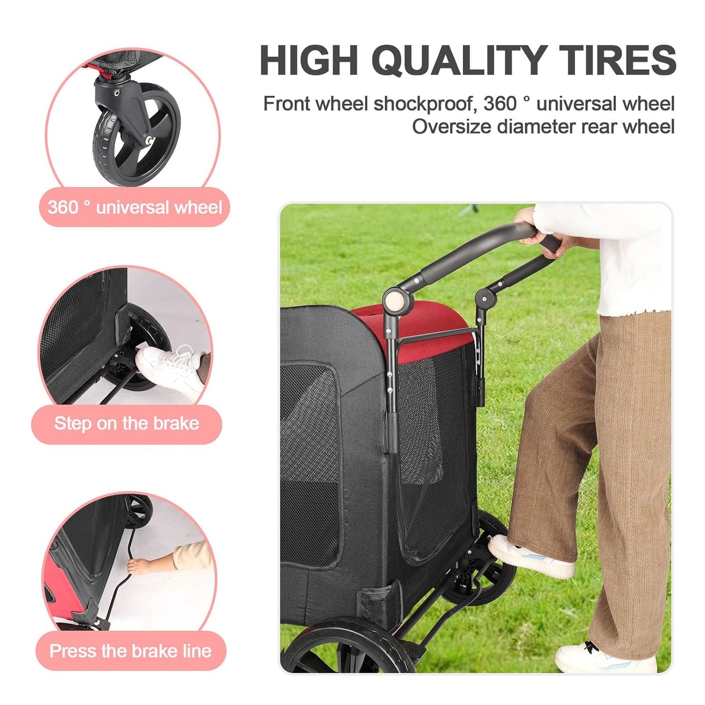 Large Dog Travel Stroller with 4 Heavy Duty Wheels Pet Stroller with Adjustable Handle - Double Doggie Capacity Jogger Wagon with Back Front Door for Small Medium Large Dogs (Red-Black) - Pawvie