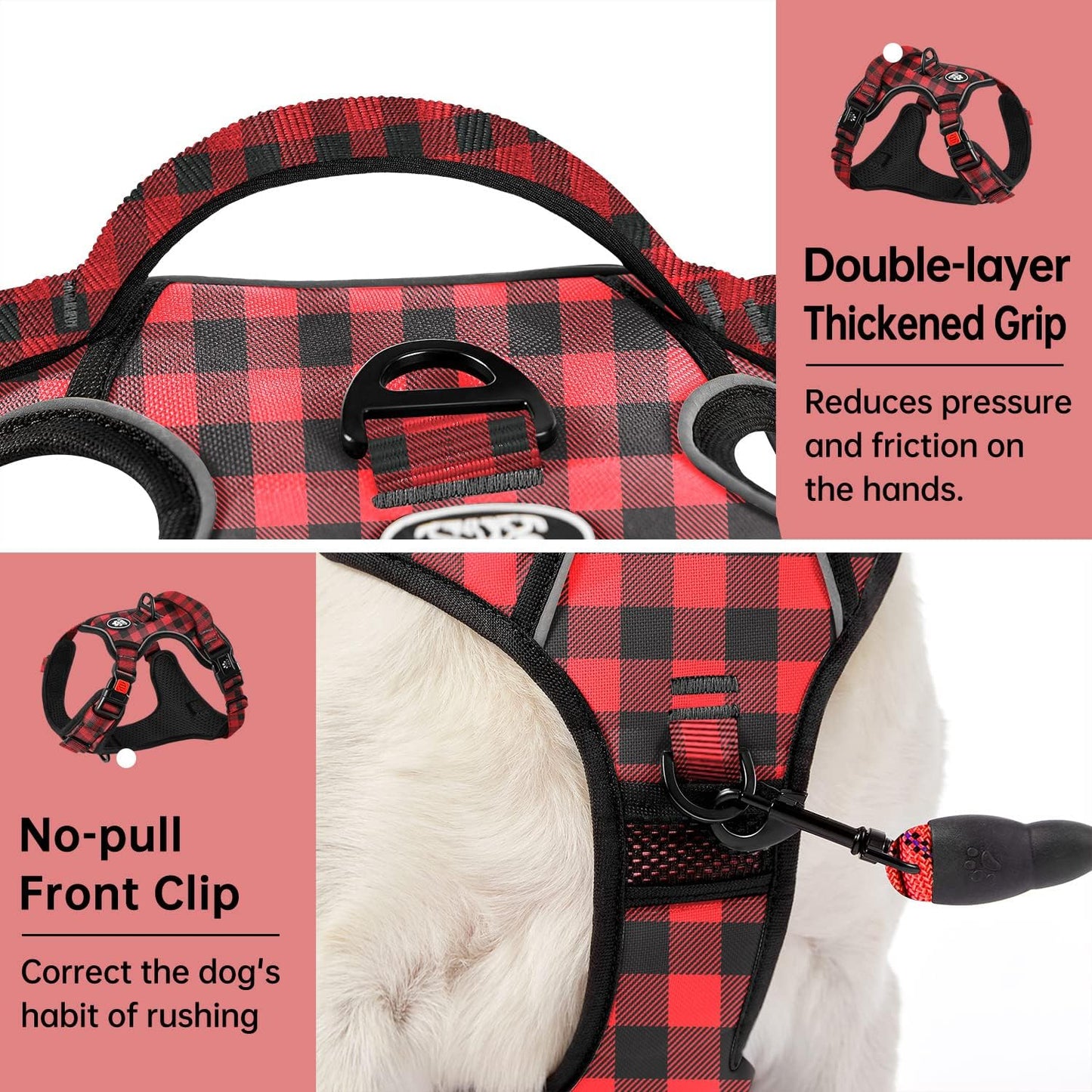 IVY&LANE No Pull Dog Harness with Leash Set, Reflective No Choke Pet Vest,Adjustable Oxford Dog Vest Harness with Easy Control Handle for Medium Lagre Dogs (Checkered Red,M)