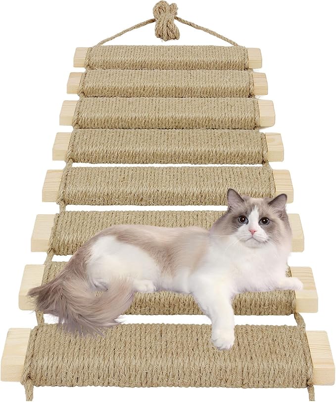 20in Cat Ladder & Bridge, Outdoor Cat Tree with Jute Rope, Multi-Level Climbing Frame & Scratcher for Indoor/Outdoor Cats (Wood Tone, 20in)