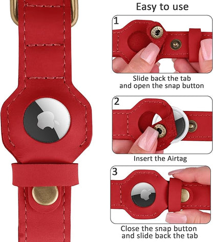 AirTag Dog Collar - Genuine Leather Dog Collar with Apple AirTag Holder and Metal Buckle - Smart GPS Tracking Pet Collars (Red, L, 17"-21" Neck Fit)