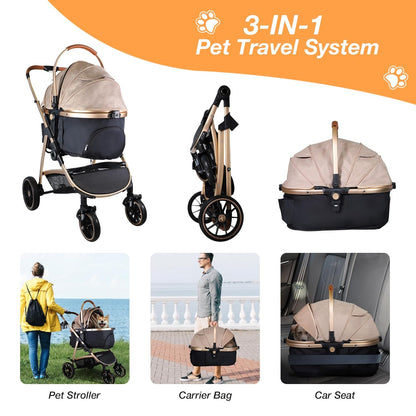 Dog Stroller for Small Medium Dogs, 3 in 1 Folding Pet Stroller Up to 33 lbs, 4 Wheels Pet Strolling Cart with Zipperless Entry, Cat Dog Travel Carrier with Cup Holder & Storage Basket - Pawvie