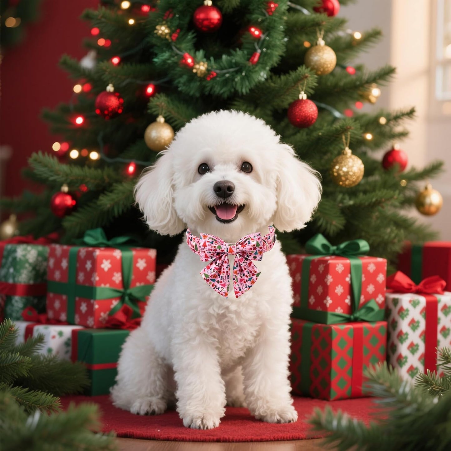 Lionet Paws Christmas Dog Collar with Sailor Bow, Cute Ho Christmas Tree Snowman Pink Dog Collar Bow Tie for Large Dogs, Neck 16-24 inches