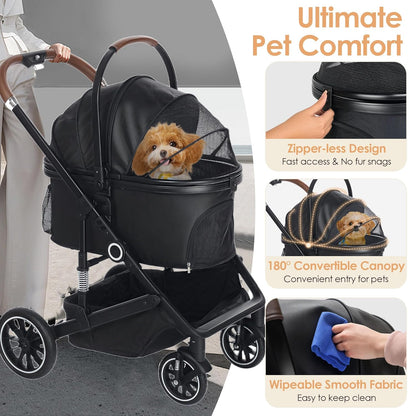 Pet Stroller with 4 Wheels, 3 IN 1 Folding Puppy Strollers for Small/Medium Dogs Cats up to 50lbs, Lightweight Pet Travel Carrier with Detachable Cushion, Storage Basket and Cup Holder, Black - Pawvie