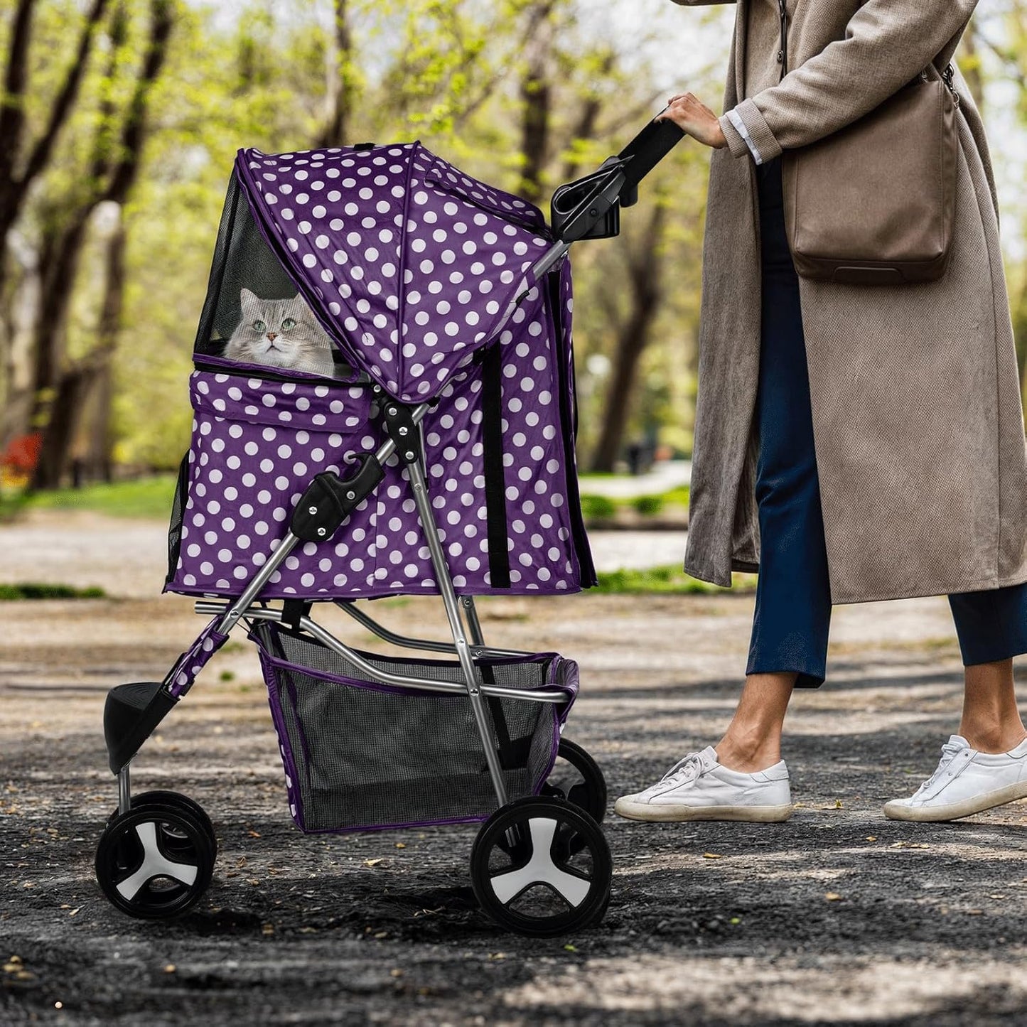 MoNiBloom 3 Wheels Pet Dog Cat Stroller for Small Medium Dogs Cats, Foldable Jogger Stroller w/Storage Basket and Cup Holder, Purple Polka Dots - Pawvie