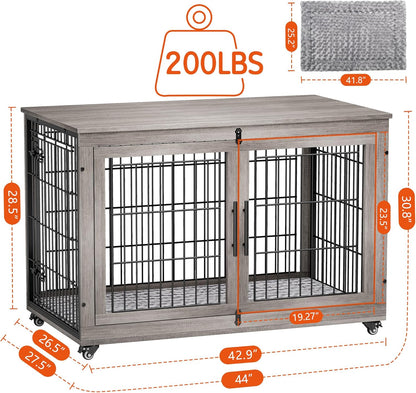 Lulive Dog Crate Furniture, XL Wooden Dog Kennel Indoor Double Doors Dog Cage, 44'' Heavy Duty Dog Crate with Cushion & Wheels, Decorative End Table Chew-Resistant for Extra Large/Medium, Grey