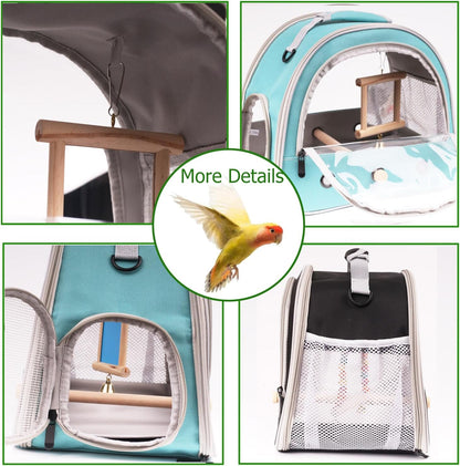 Portable Parrot Travel Cage Carrier with Small Swing Toy&Cage Colorful Toys Set Small Bird Parakeet Bag with Standing Perch Bird Carry Transport Bag (Green, Carrier/Mirror)