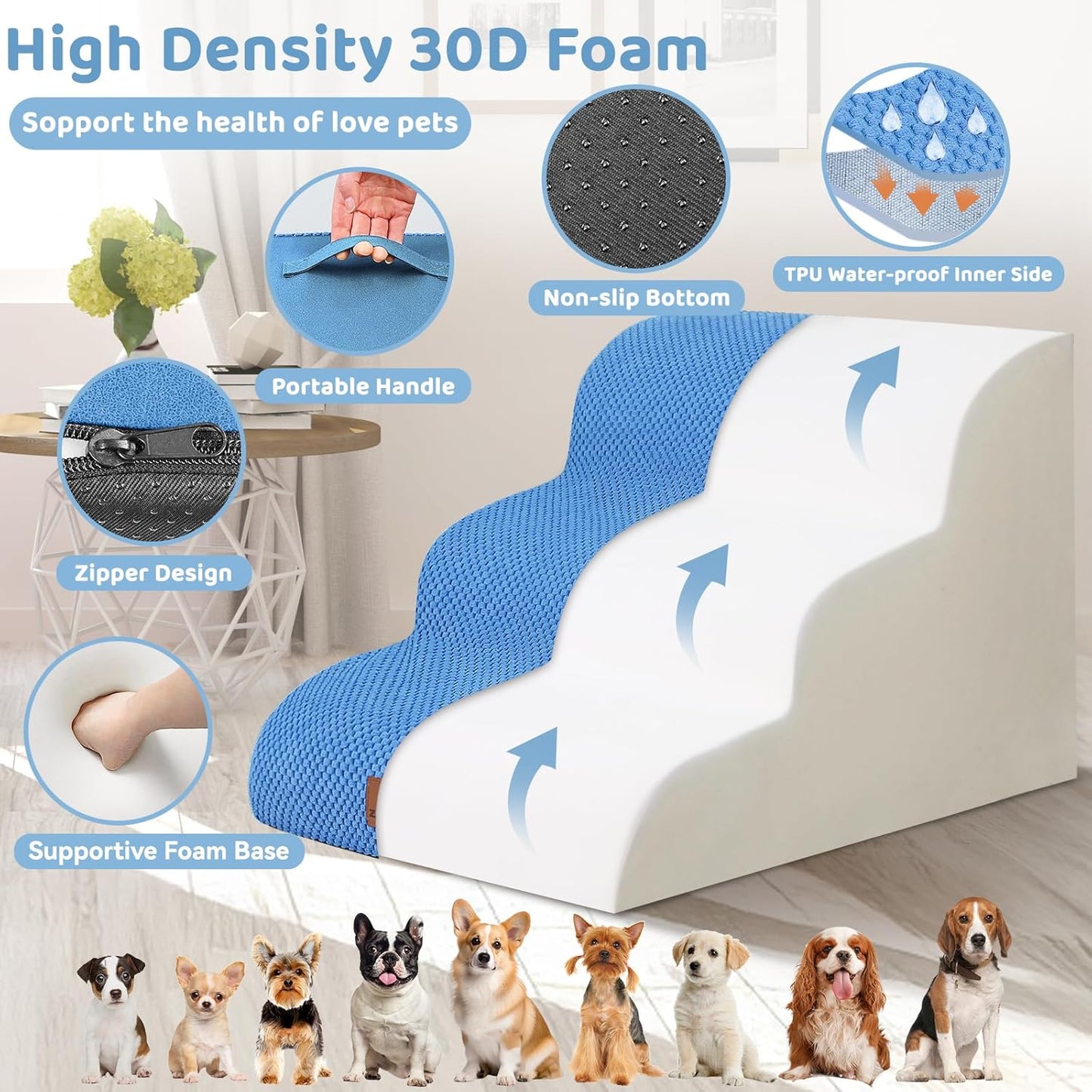 Dog Ramp and Stair for Bed 16" H-20 H,3-Step Cat Stair for Sofa and Chair,4-Step Dog Ramp for High Bed and Window,Durable Nonslip Fabric Cover for Indoor (Blue-16“H, Pet Friendly, 3) - Pawvie