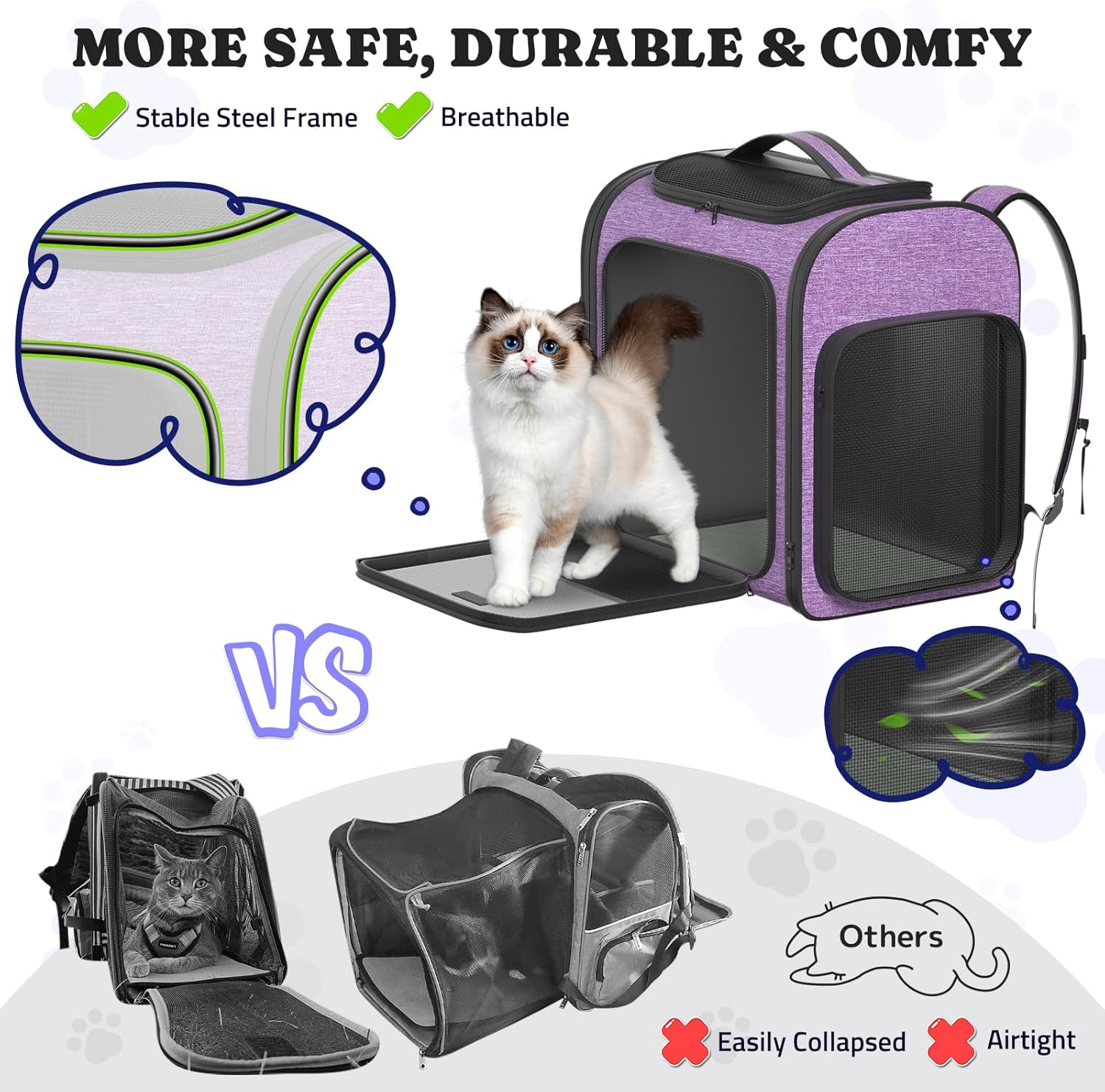 Pawtners Dog Carrier Backpacks Large Cat Backpack with Anti-Scratch Mesh, Foldable Designed Pet Backpack Carrier for Kitten Small Dogs & Large Cats Up to 18 Lbs, Dog Carrier for Travel Outdoor - Pawvie