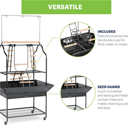 Prevue Pet Products Large Parrot Playstand with Wheels, Bird Stand Activity Play Center with Perches and Ladders, Indoor Outdoor Playground for Birds, Black Hammertone Finish