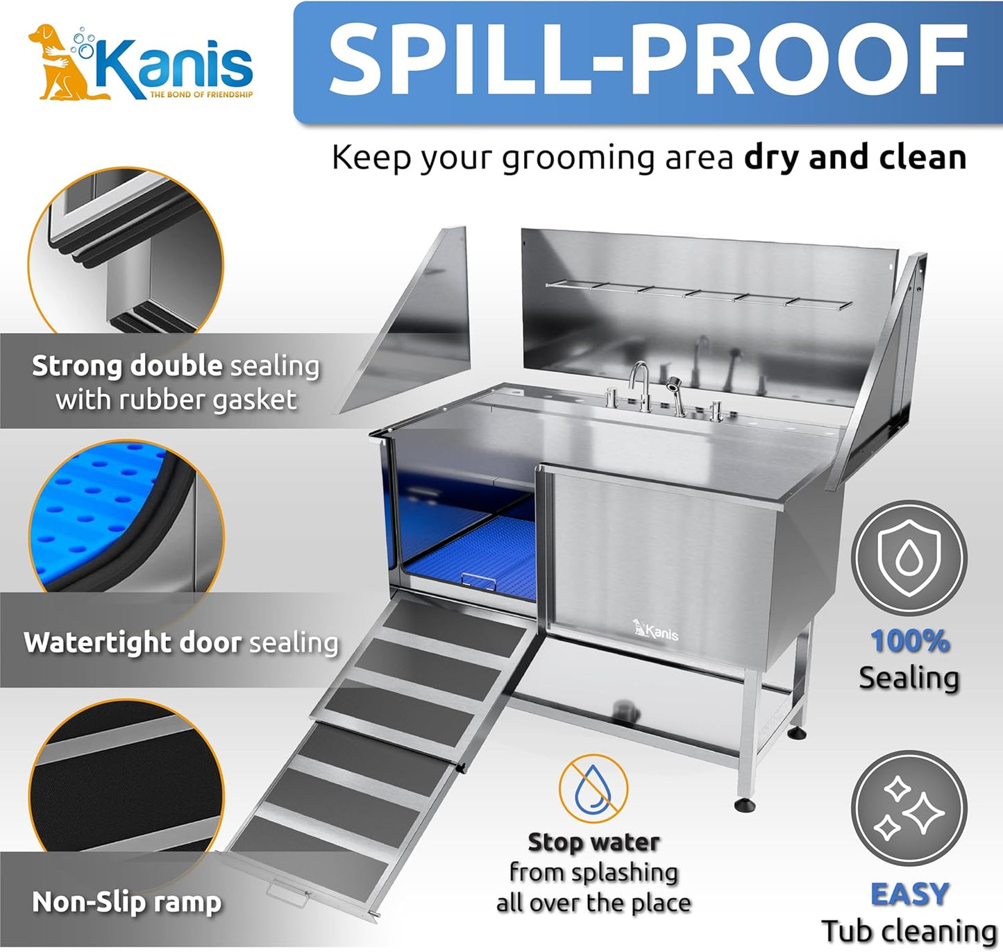 KANIS Professional Dog Washing Station - 304 Stainless Steel Pet Wash Sink & Grooming Bath Tub for Home with Ramp, Shower, Floor Grate, Storage Shelf, Faucet, Drain Kit for Large, Medium & Small Pets