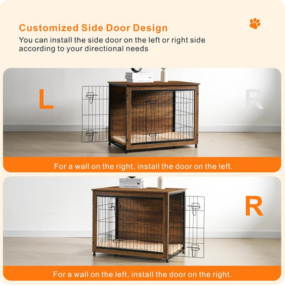 DWANTON Dog Crate Furniture with Cushion, Wooden Kennel Table with Double Doors, Indoor Dog House, Medium Size, 32.5" L, Warm Brown