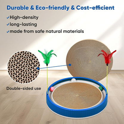 20-Inch Round Cat Scratcher with Ball Track – 3-in-1 Cardboard Scratching Pad with Feather Toy & Non-Slip Base – Interactive Cat Toy for Indoor Cats, Kittens & Large Cats (Blue)