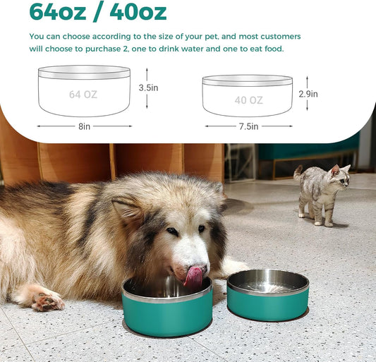 Dog Bowl, Stainless Steel Dog Food and Water Bowl with Non Slip Quiet Bottom, Easy to Clean, Dishwasher Safe, 40oz, Deep Green
