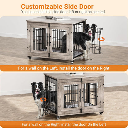 Lulive Dog Crate Furniture Set of 2, Dog Kennel Indoor Double Doors Wooden Dog Cage, 32'' Heavy Duty Dog Crate with Cushion & Wheels, End Table Pet House Chew-Resistant Up to 45 lb, Grey