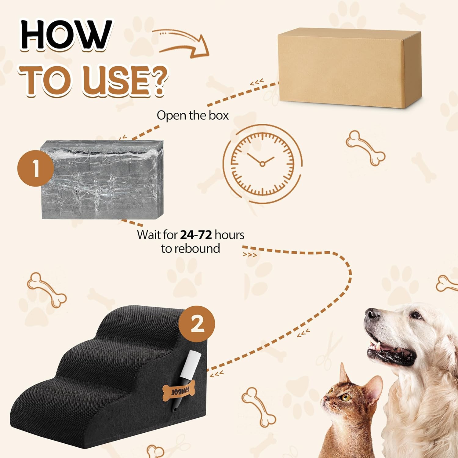 Romrol Dog Stairs Ramp for Beds Couches, Extra Wide Pet Steps with Durable Non-Slip Waterproof Fabric Cover, Dog Slope Stairs for Small Dogs and Cats or Pets Friendly, 3-Tiers, 13 Inch,Black - Pawvie