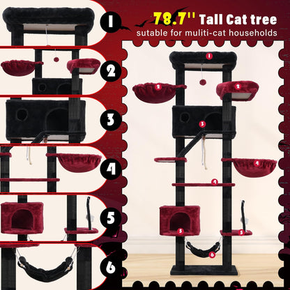 Gothic Cat Tree for Large Cats, 78.7"(200cm) Tall Cat Tower for Indoor Cats Multiple Cats with Large Top Perch, Cat Condo, Cat Hammcok, Cat Scratching Post, Black and Red GCT031BR