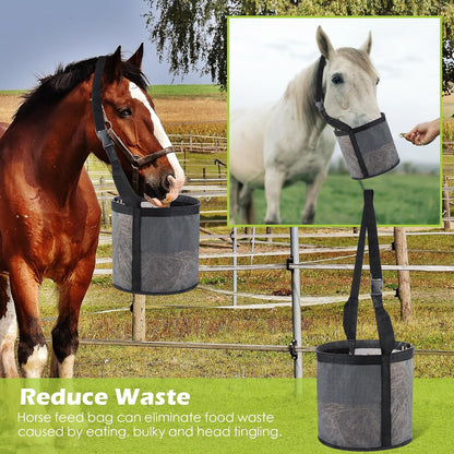 2 Pcs Horses Feed Horse Bag for Grain Hay Bags Heavy Duty Mesh Horse Feeder with Adjustable Strap Comfort Neck Pad Nose Pad and Waterproof Bottom Muzzle(Gray)