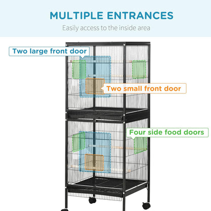 PawHut Large Bird Cage with 1.7 ft. Width for Wingspan, Bird Aviary Indoor with Multi - Door Design, Fit for a Canary, Finch, Conure, 55", Black