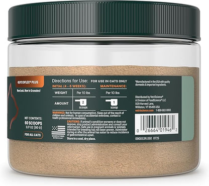 VetriScience Ultimate Strength Healthy Hip & Joint Powder, Glucosamine, Chondroitin and Green Lipped Mussels for Cats, Soothe Joint Discomfort, Cheese & Chicken, 60 Scoops