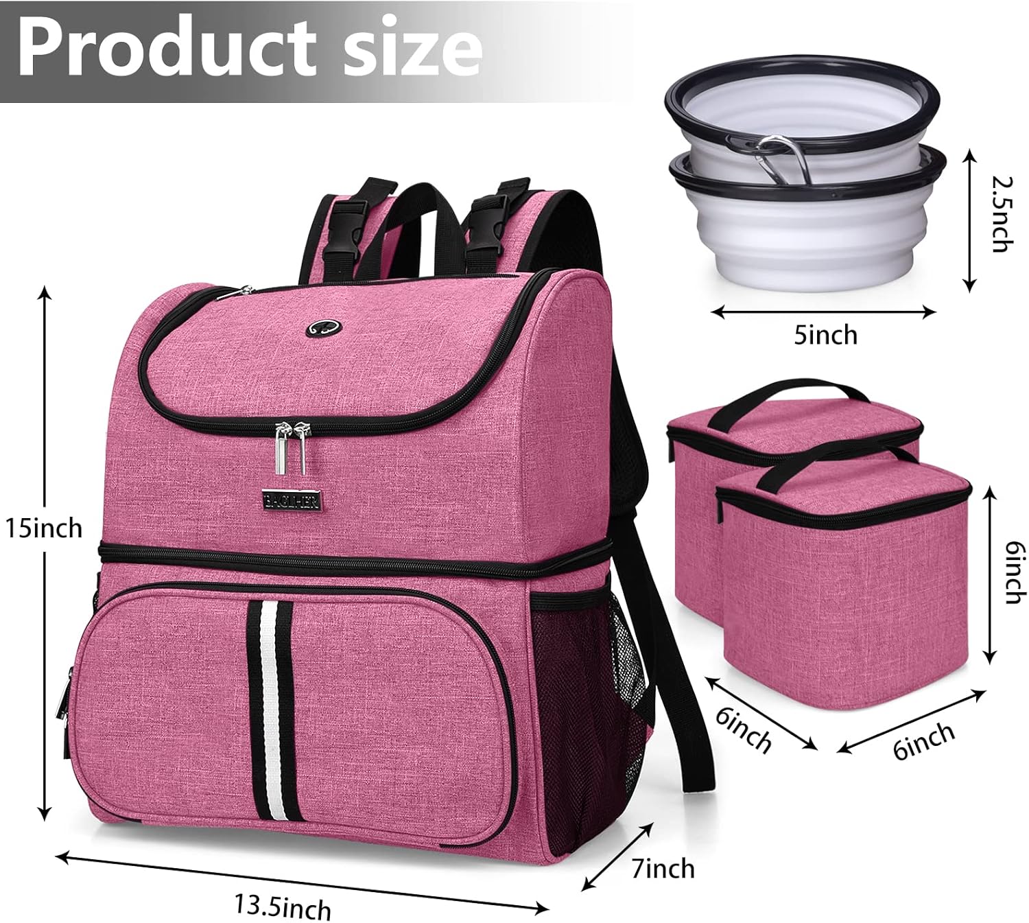 BAGLHER Pet Travel Bag, Double-Layer Pet Supplies Backpack (for All Pet Travel Supplies), Pet Travel Backpack with 2 Silicone Collapsible Bowls and 2 Food Baskets Pink - Pawvie