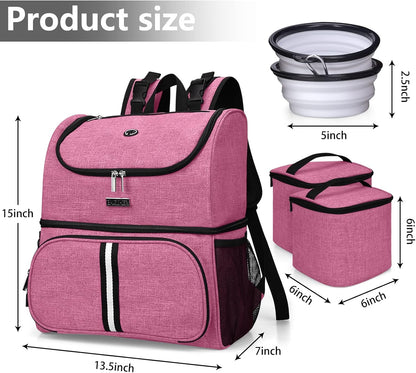 BAGLHER Pet Travel Bag, Double-Layer Pet Supplies Backpack (for All Pet Travel Supplies), Pet Travel Backpack with 2 Silicone Collapsible Bowls and 2 Food Baskets Pink - Pawvie