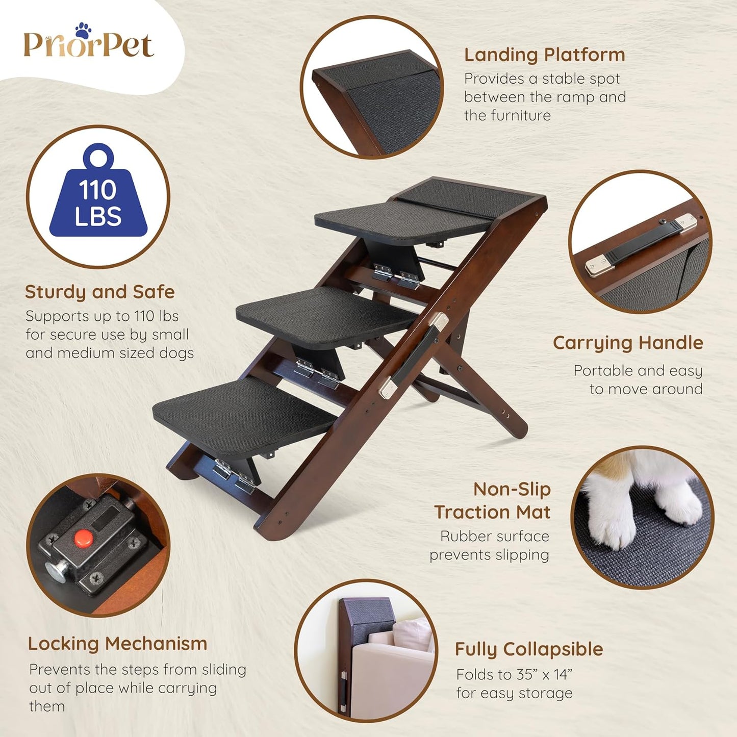 Dog Steps for Bed & Couch 2-in-1 Dog Stairs/Ramp - Height Adjustable Dog Ramp for Couch 7” - 20” - Pet Stairs, Dog Stairs for Small Dogs - Easy to Move Pet Steps with Landing Platform, Walnut - Pawvie