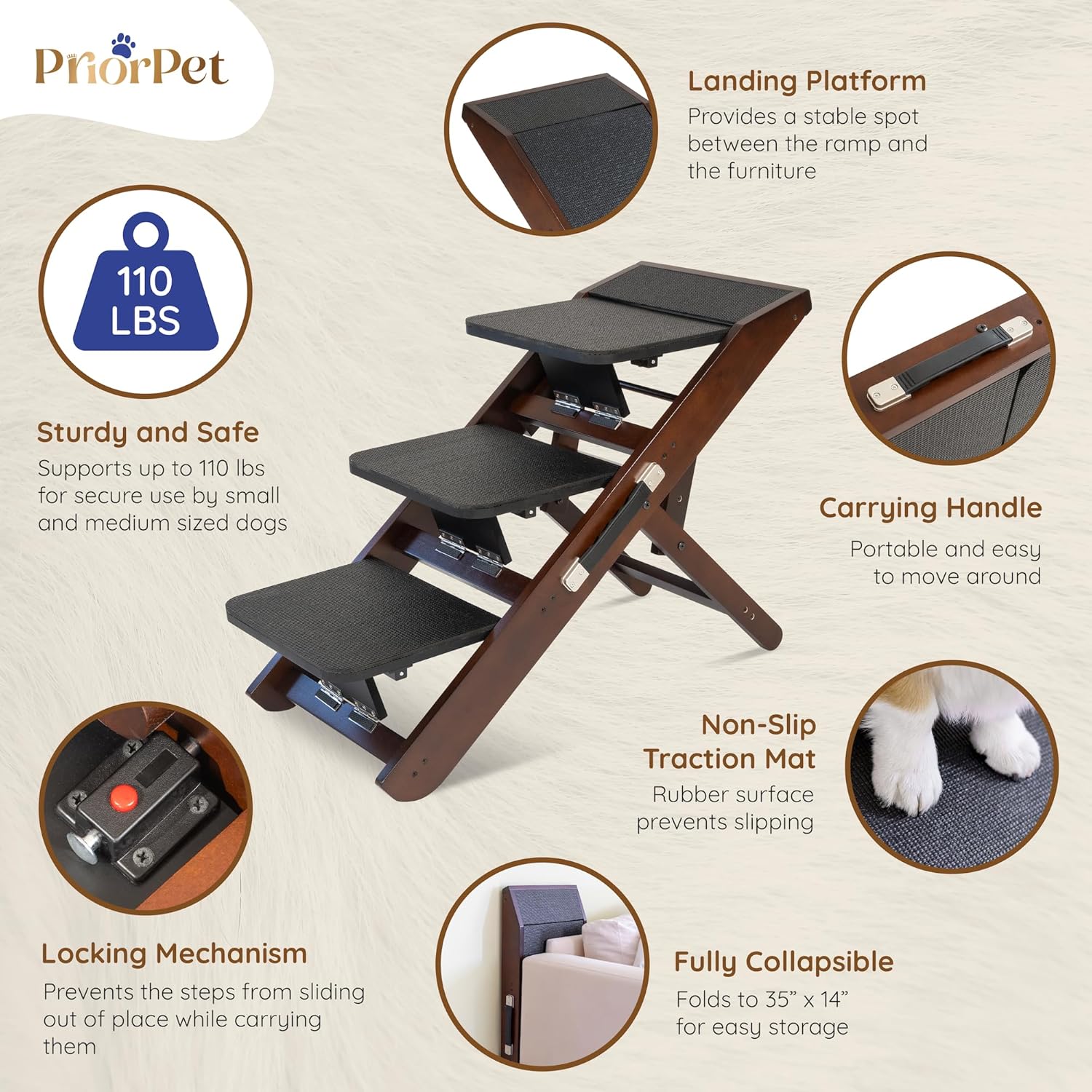 Dog Steps for Bed & Couch 2-in-1 Dog Stairs/Ramp - Height Adjustable Dog Ramp for Couch 7” - 20” - Pet Stairs, Dog Stairs for Small Dogs - Easy to Move Pet Steps with Landing Platform, Walnut - Pawvie