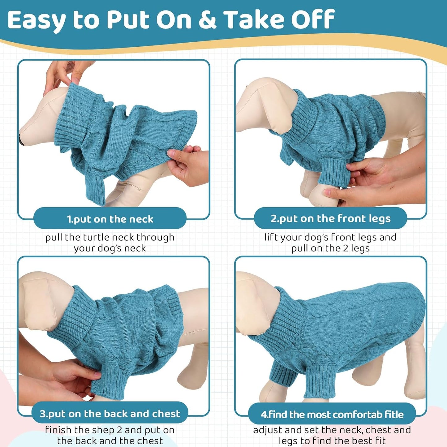 Queenmore Small Dog Pullover Sweater, Cold Weather Cable Knitwear, Classic Turtleneck Thick Warm Clothes for Chihuahua, Bulldog, Dachshund, Pug (Peacock Blue, Medium)