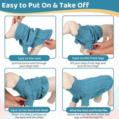 Queenmore Small Dog Pullover Sweater, Cold Weather Cable Knitwear, Classic Turtleneck Thick Warm Clothes for Chihuahua, Bulldog, Dachshund, Pug (Peacock Blue, Large)