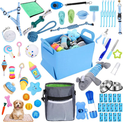 65 Pcs Puppy Supplies Starter Kit Small Dog Essentials Includes Dog Leash, Toys, Bowl, Brushes, Water Bottles, pet Blankets Puppy Accessories for New Welcome Gift Supplies(Cool,Blue)