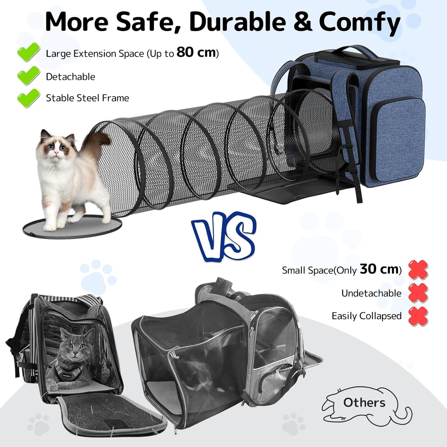 Pawtners Cat Carrier Backpacks Expandable Pet Backpack with Breathable Mesh, Pet Carrier Backpack for Cats Small Dogs Puppies Up to 18 Lbs, Dog Carrier Backpack for Travel Hiking Camping Outdoor Blue - Pawvie