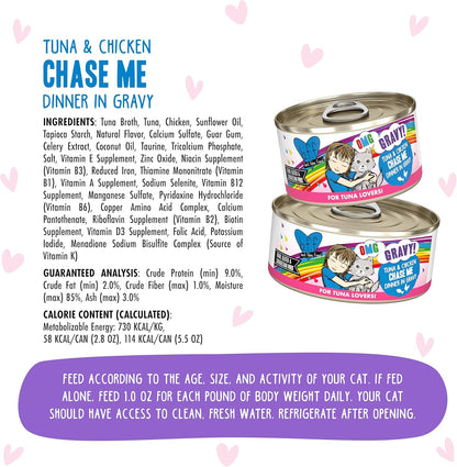 Weruva B.F.F. OMG - Best Feline Friend Oh My Gravy!, Tuna & Chicken Chase Me with Tuna & Chicken, 5.5oz Can (Pack of 8)