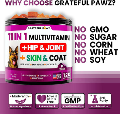 Dog Multivitamin Chewable with Glucosamine - Dog Vitamins and Supplements, Senior & Puppy Multivitamin for Dogs - Pet Chondroitin Hip and Joint Support Health, Immune Booster, Skin, Heart, Probiotics
