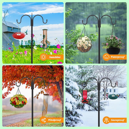 FEED GARDEN Adjustable Double Shepherds Hook for Outdoor with 5 Prong Base 63 Inch Heavy Duty Two Sided Bird Feeder Pole for Hanging Plant Baskets, Solar Light Lanterns, Wind Chimes 2 Pack