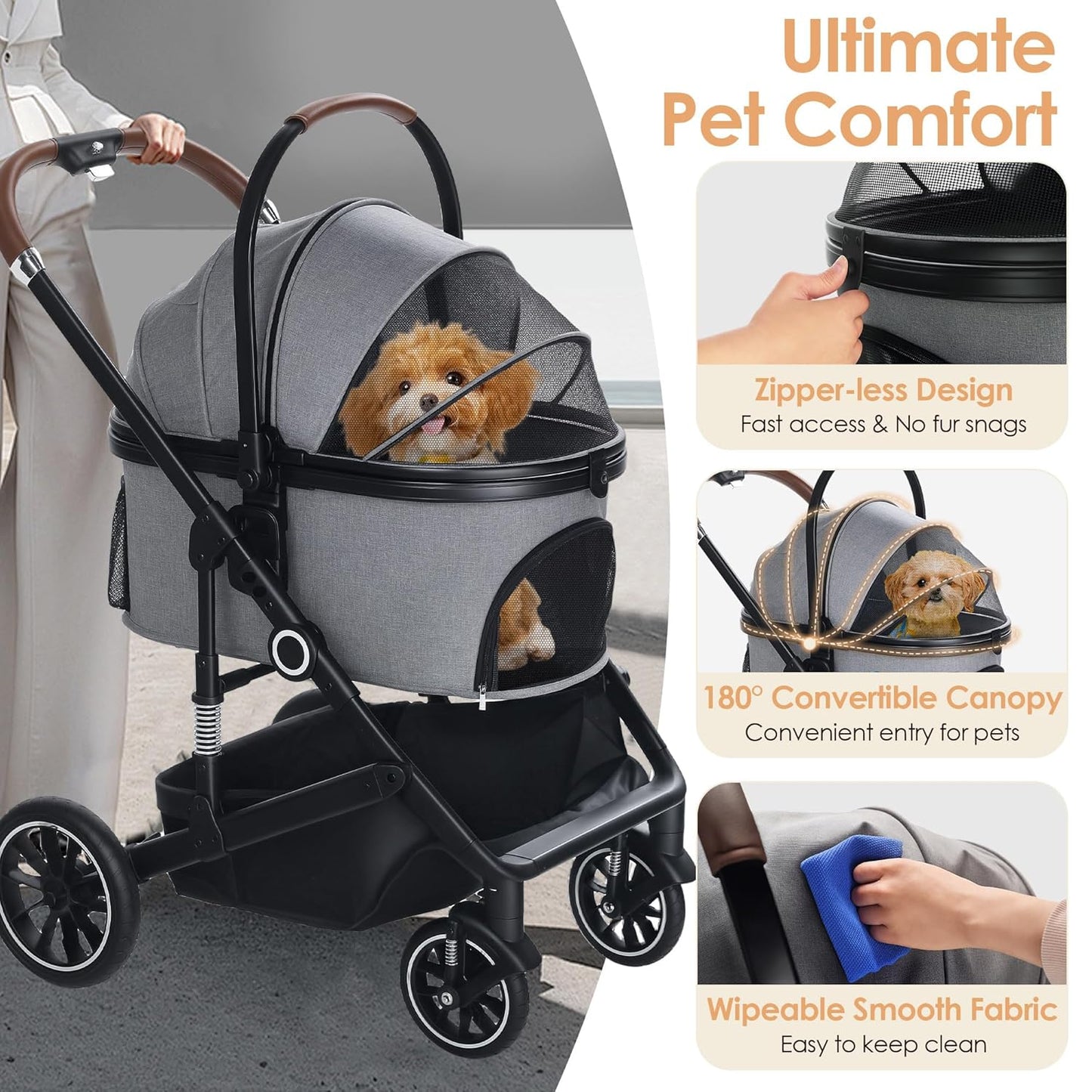 Pet Stroller with 4 Wheels, 3 in 1 Folding Puppy Strollers for Small/Medium Dogs Cats up to 50lbs, Lightweight Pet Travel Carrier with Detachable Cushion, Storage Basket and Cup Holder, Gray - Pawvie
