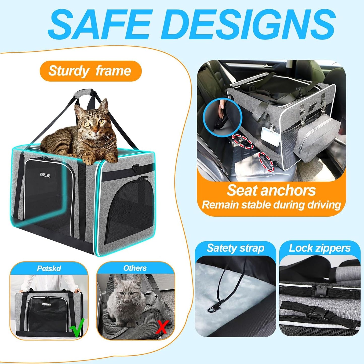 Petskd Extra Large Cat Carrier with Litter Box 24"x17"x17" for Medium Large Cat or 2 Small Cats, Collapsible Soft Sided Pet Carrier for Car Travel with Lockable Safety Zippers(Grey) - Pawvie