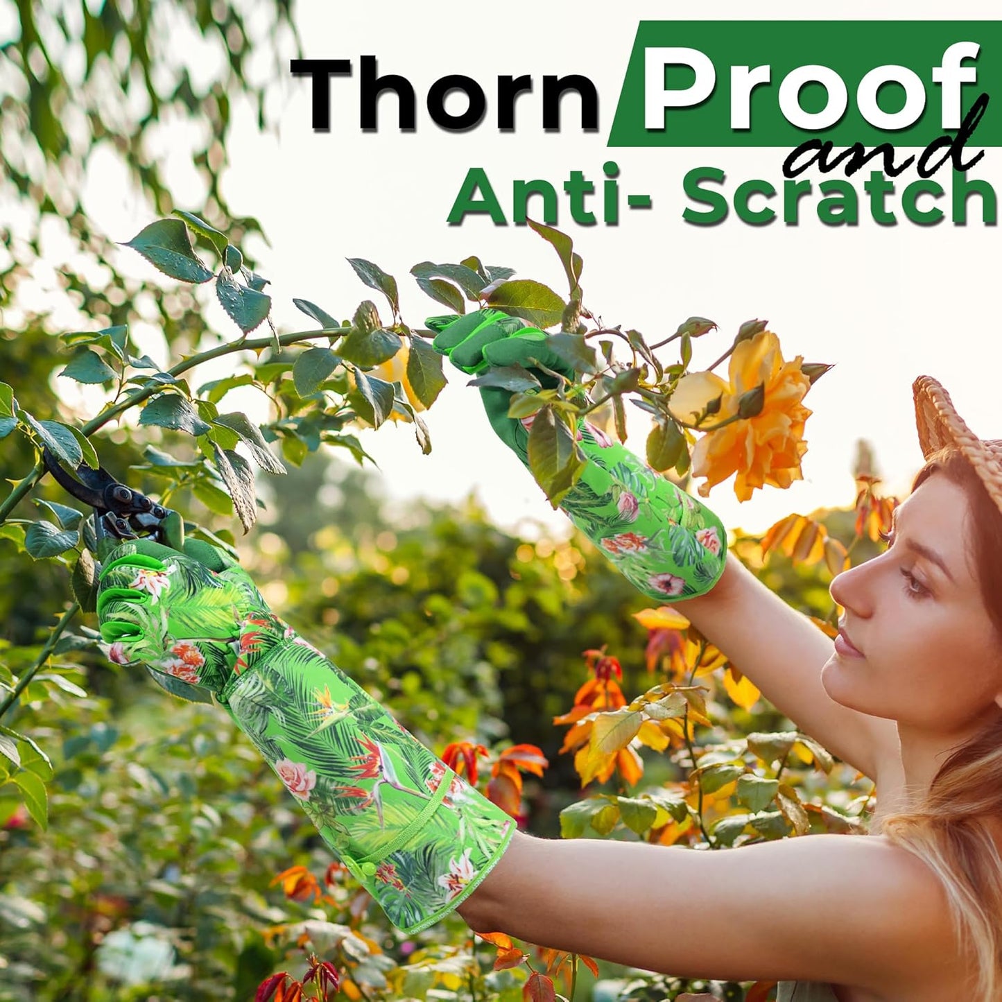 HANDLANDY Women Gardening Gloves, Thorn Proof Breathable Ladies Rose Pruning Long Gauntlet Floral Print Garden Yard Gloves, Gift for Gardeners (Green, M)