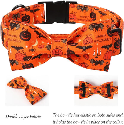 Lionet Paws Fall Halloween Dog Collar, Cute Bat Pumpkin Dog Collar for Small Dogs, Adjustable Cotton Orange Pet Collars Puppy Collar for Small Dogs