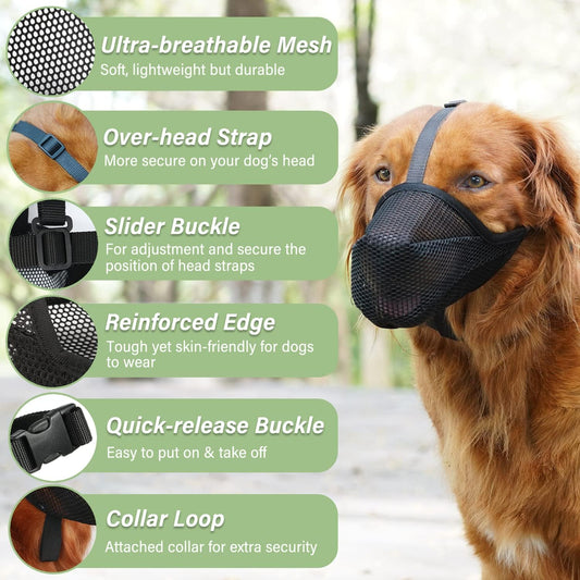 Mayerzon Dog Muzzle, Patented Soft Mesh Muzzle for Small Medium Large Dogs for Scavenging Biting Licking and Chewing, Allows to Pant and Drink (XL, Black)