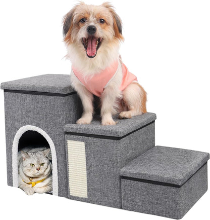 Dog Stairs for High Bed and Couch, 4 IN 1 Foldable Pet Stairs for Cats & Small and Medium Dogs, Adjustable Dog Steps with Pet Climbing Ladders/Cozy Condo/Storage Boxes/Cat Scratcher, Hold Up to 180LBS