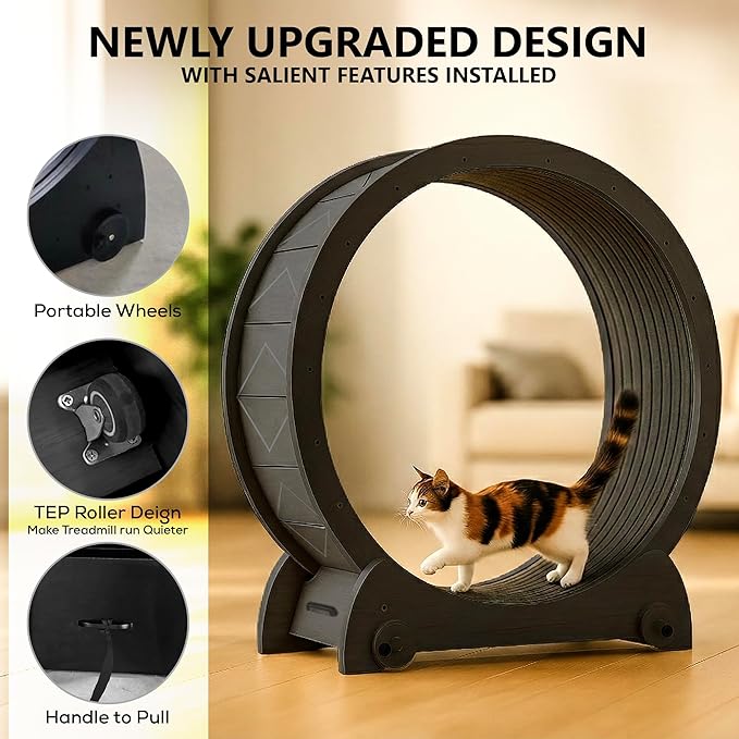 Portable Cat Running Wheel for Indoor Cats 44" Large XL 12" Wide, Cat Treadmill, Wheel with Carpeted Runway for Kitty’s Longer Life, Moveable Safe & Stable Design.