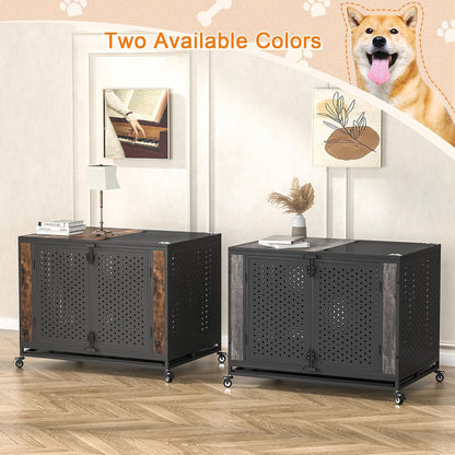 42" Heavy Duty Dog Crate Furniture for Large and Medium Dogs, Enclosed Design with 0.5 inch Holes, Indestructible Metal Kennel for High Anxiety Dogs, Chew Proof Pet House Cage Indoor, Brown