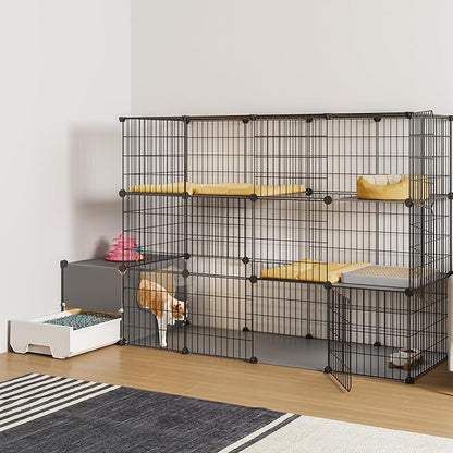 Oneluck Cat Cage with Litter Box,4-Tier DIY Enclosures Large Playpen Detachable Metal Wire Kennel Indoor Crate Large Exercise Place Ideal for 1-2 Cats (55.1" L x 17.8" W x 41.3" H)