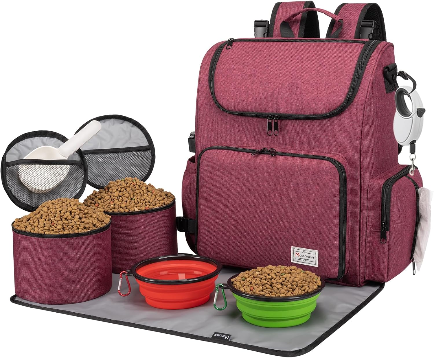 Modoker Dog Travel Bag Backpack, Airline Approved Pet Accessories Organizer for Dog and Cat with Shoulder Strap, 2 Dog Food Storage Containers, 2 Collapsible Dog Bowls,1 Pet Mat, Rose Red - Pawvie