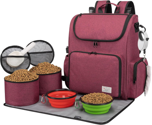 Modoker Dog Travel Bag Backpack, Airline Approved Pet Accessories Organizer for Dog and Cat with Shoulder Strap, 2 Dog Food Storage Containers, 2 Collapsible Dog Bowls,1 Pet Mat, Rose Red - Pawvie