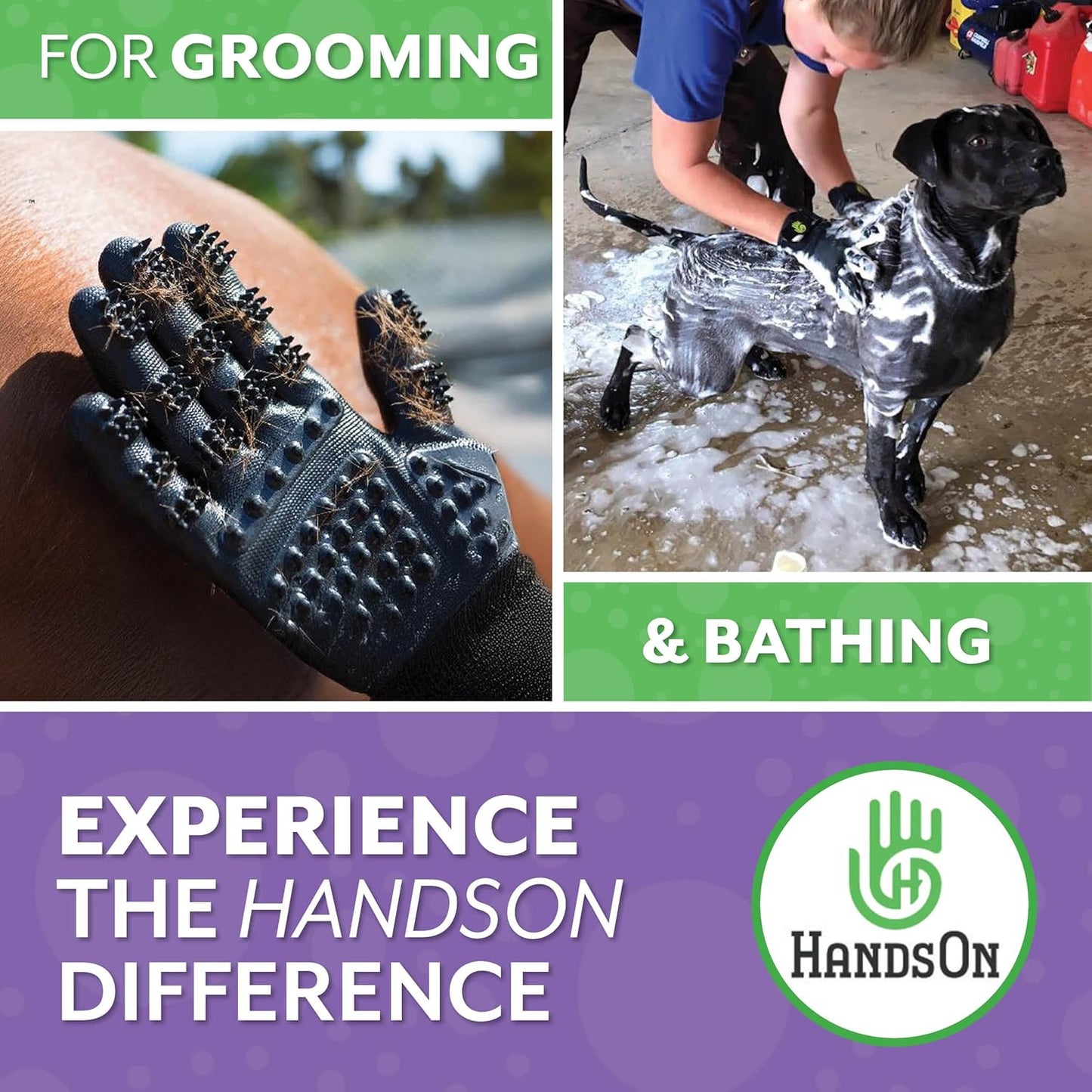 H HANDSON Pet Grooming Gloves - Patented #1 Ranked, Award Winning Shedding, Bathing, & Hair Remover Gloves - Gentle Brush for Cats, Dogs, and Horses (Mono Green, X-Large)