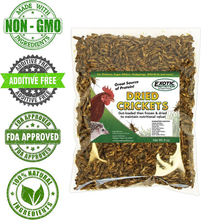 1.5 Pound Dried Crickets - High Protein Insect Treat - Chickens, Wild Birds, Hedgehogs, Bluebirds, Reptiles, Sugar Gliders, Opossums, Skunks, Lizards, Bearded Dragons, Fish, Turtles 8 oz. (3 Pack)
