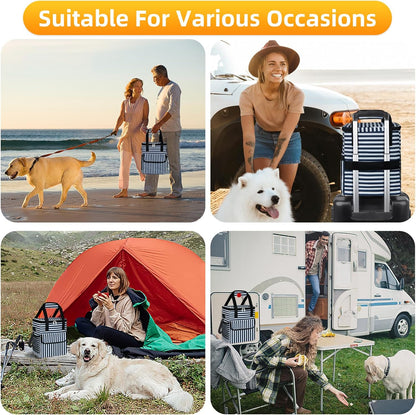 Dog Travel Bag for Camping - Pet Travel Accessories with 2 Collapsible Bowls, 2 Food Containers & Waterproof Feeding Mat - Portable Dog Carrier, Stripe (Small) - Pawvie