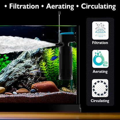 AquaMiracle Submersible Aquarium Filter 3-Stage in-Tank Filter with Dual Water Outlet & Aeration, Water Flow Adjustable 300GPH Internal Fish Tank Filter for 60-150 Gallon Aquariums