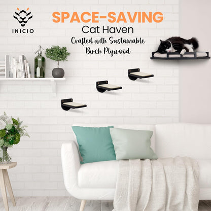 INICIO Cat Wall Shelves - Modern and Durable 3 Step Cat Furniture for Wall - Stylish Birch Floating Shelf for Cats up to 15lbs - Wooden Corner Shelves with Cushioned Perch - Black